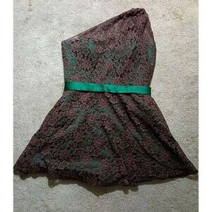 Y2K Christina Wu Brown Green One Shoulder Lace Cocktail Gown Prom Dress Size 12